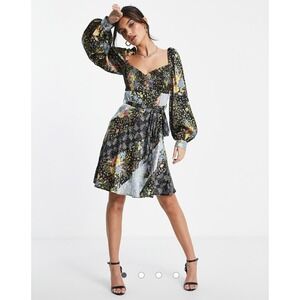ASOS DESIGN mini tea dress with‎ belt in mixed floral prints size US 12